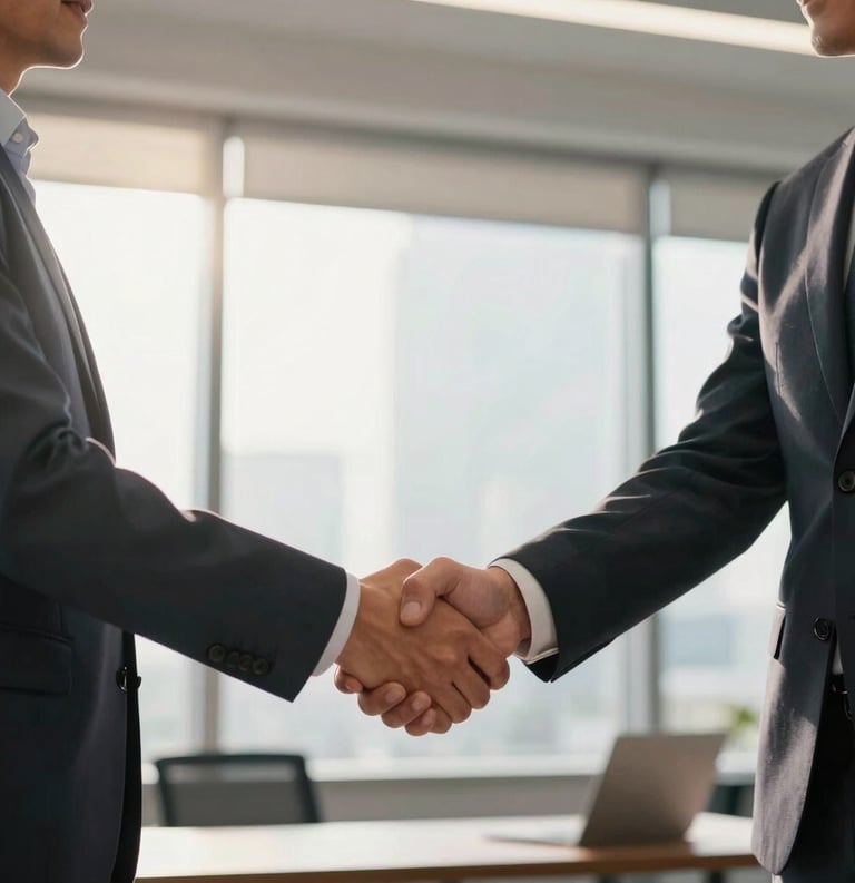 A high-quality photography shot of two professionals in a North American office shaking hands, with a warm sunlit glow in the background, representing a successful partnership.