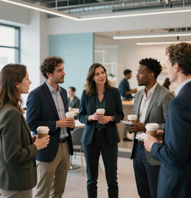 A diverse group of professional entrepreneurs networking in a modern, open-concept community space in Canada. People are engaged in lively conversation, holding coffee cups, and exchanging business cards. The setting is bright and professional with clean lines and pale blue accents.