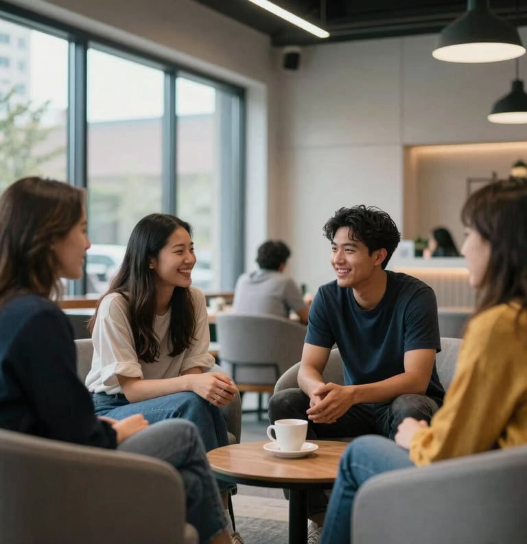 A group of young adults from a North American city talking and laughing in a bright, modern community center lounge with steel blue and soft grey decor.