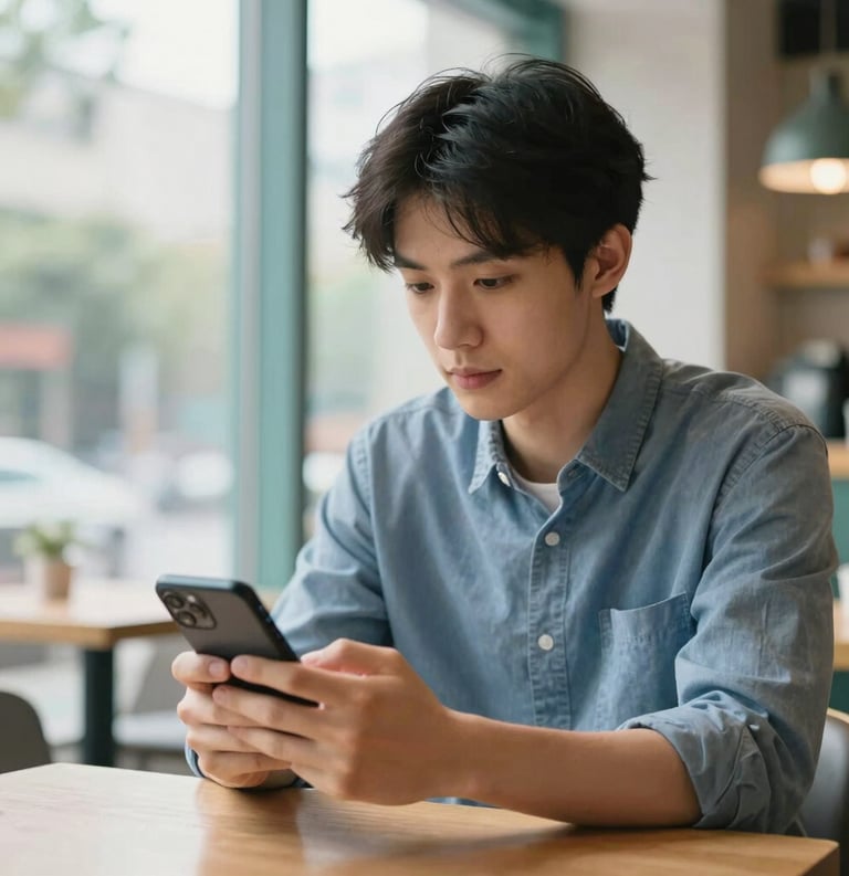 Photography of a young adult looking at a smartphone screen in a bright, modern North American café. The person has a calm, thoughtful expression. Natural window lighting. High-end, clean aesthetic with slate blue and light teal accents.