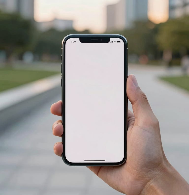 Photography of a person's hand holding a high-end smartphone displaying a clean, minimal interface, set against a backdrop of a modern North American park during golden hour. Soft focus background.