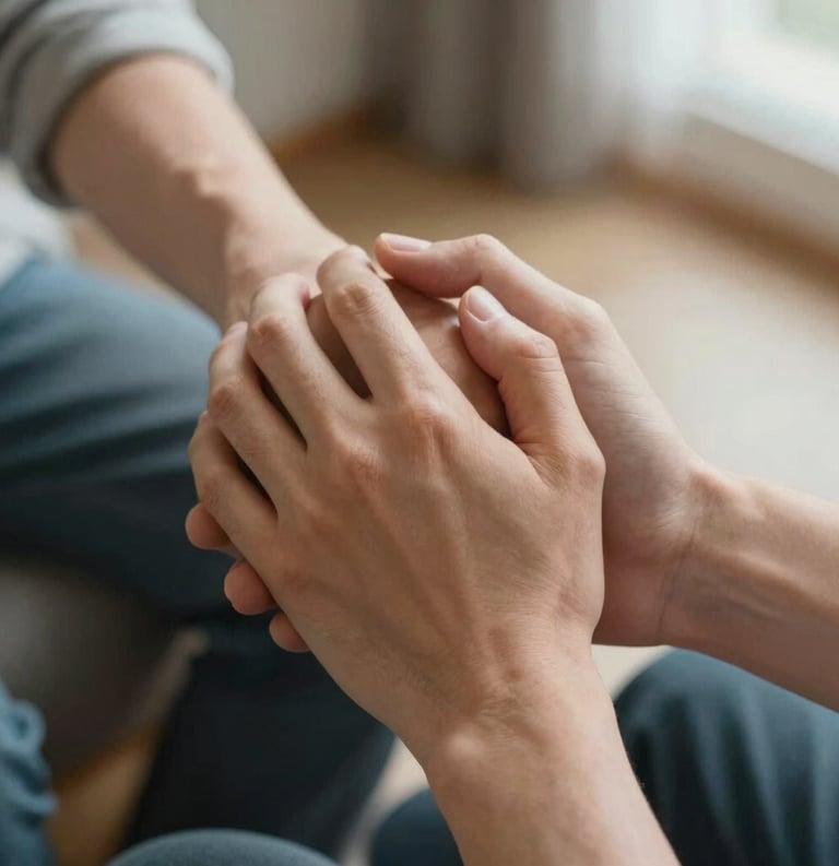 Close-up photography of a young adult's hands clasping another person's hands in a gesture of support. North American domestic setting, soft natural lighting, safe and trustworthy mood.