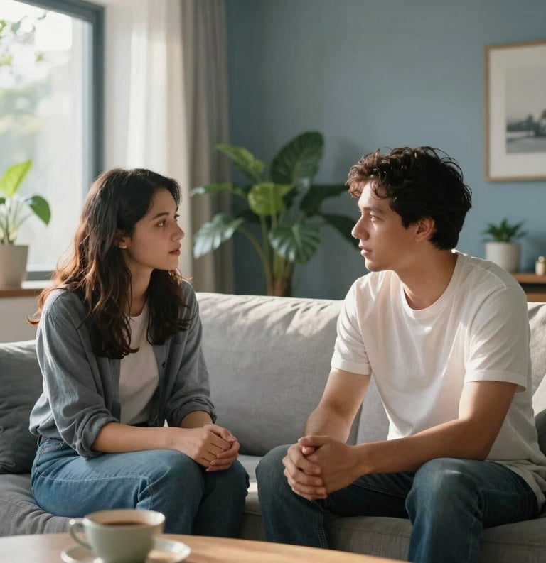 Photography of two people talking supportively in a modern North American living room. Soft afternoon sunlight, indoor plants, light gray and blue tones in the decor. Warm and empathetic atmosphere.