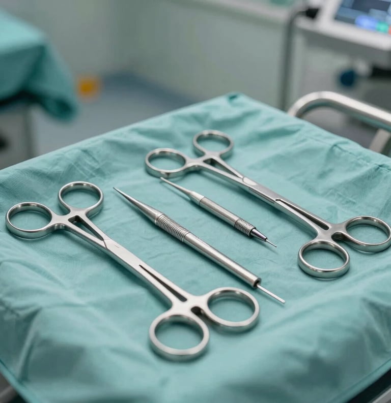A pristine set of stainless steel cranial neurosurgical instruments on a sterile drape, clean and professional lighting, shot in a modern South Asian / Pakistani medical facility context.
