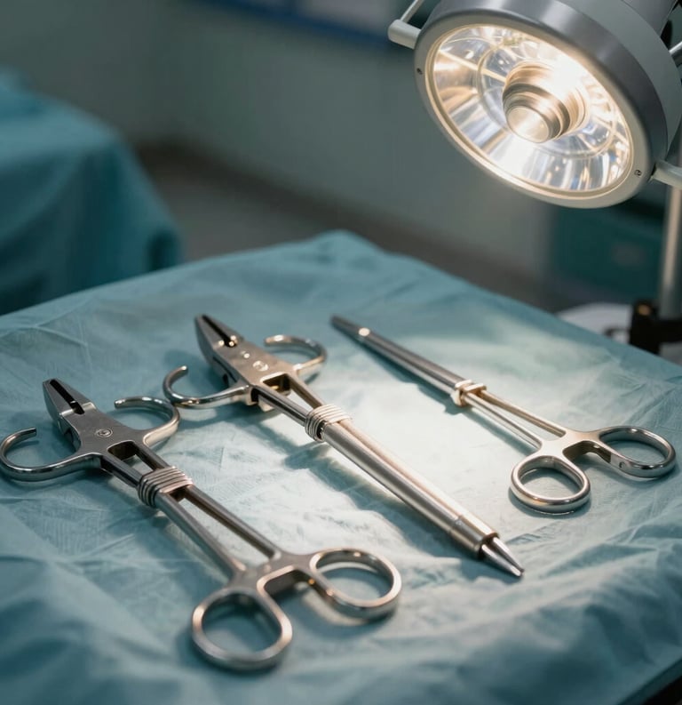 Close up of sophisticated spinal retractor systems and bone rongeurs, professional lighting, shot in a pristine South Asian / Pakistani surgical context.