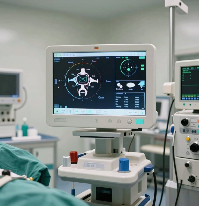 Modern neuro-monitoring display next to surgical equipment in a clean operating room, South Asian / Pakistani hospital environment.