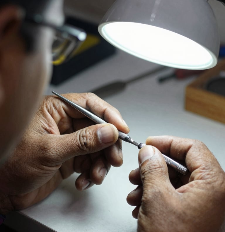 A close-up shot of a skilled Pakistani craftsman's hands using a fine micro-file on a surgical instrument under a bright lamp. The workshop is clean and orderly, emphasizing the artisanal precision in the production process.