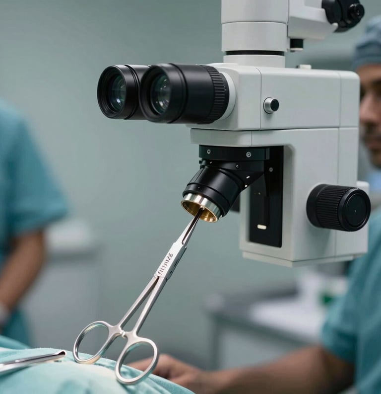 Specialized neurosurgical microscissors and micro forceps viewed under a surgical microscope, high-tech environment in a South Asian / Pakistani clinic.