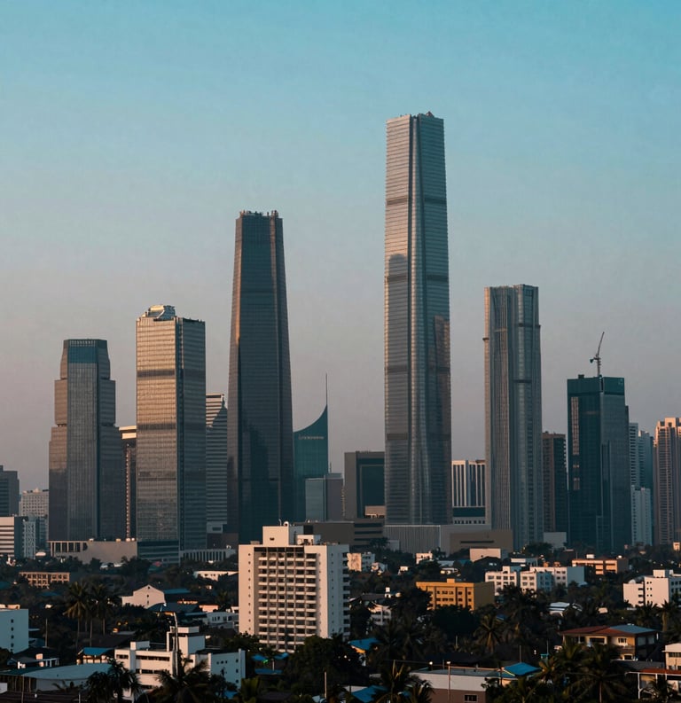 A cinematic shot of a modern city skyline in India during twilight, representing growth and urban expansion, with soft teal and navy tones.