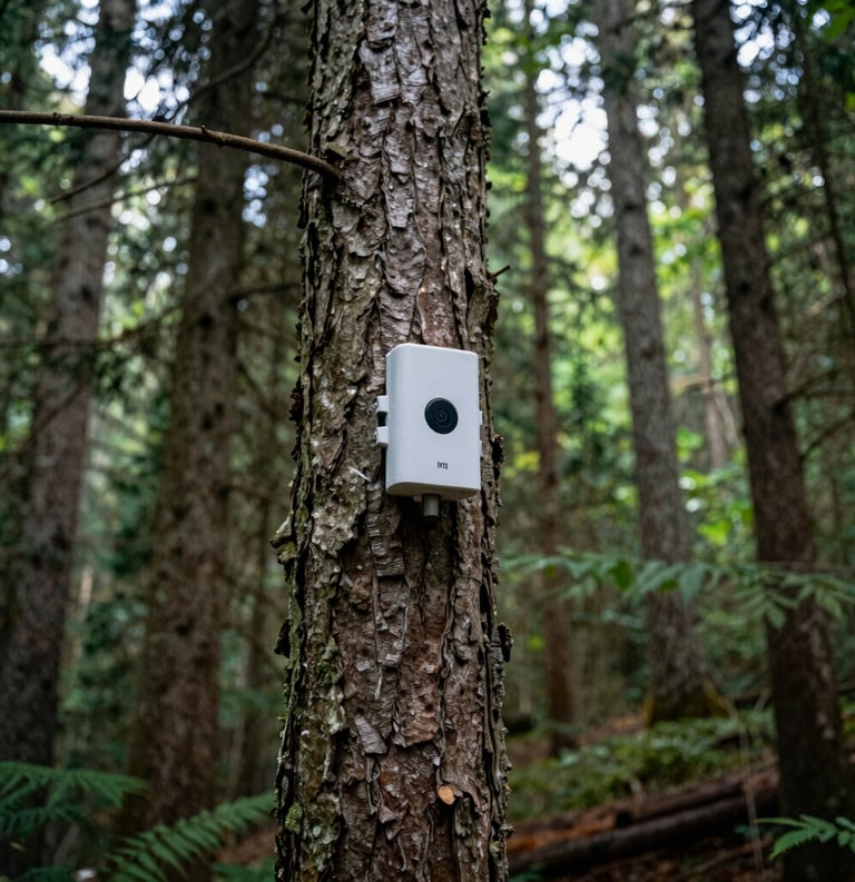 A serene landscape photograph of a North American forest where a small, unobtrusive environmental sensor is mounted on a tree. The lighting is natural and soft, emphasizing the integration of technology and nature.