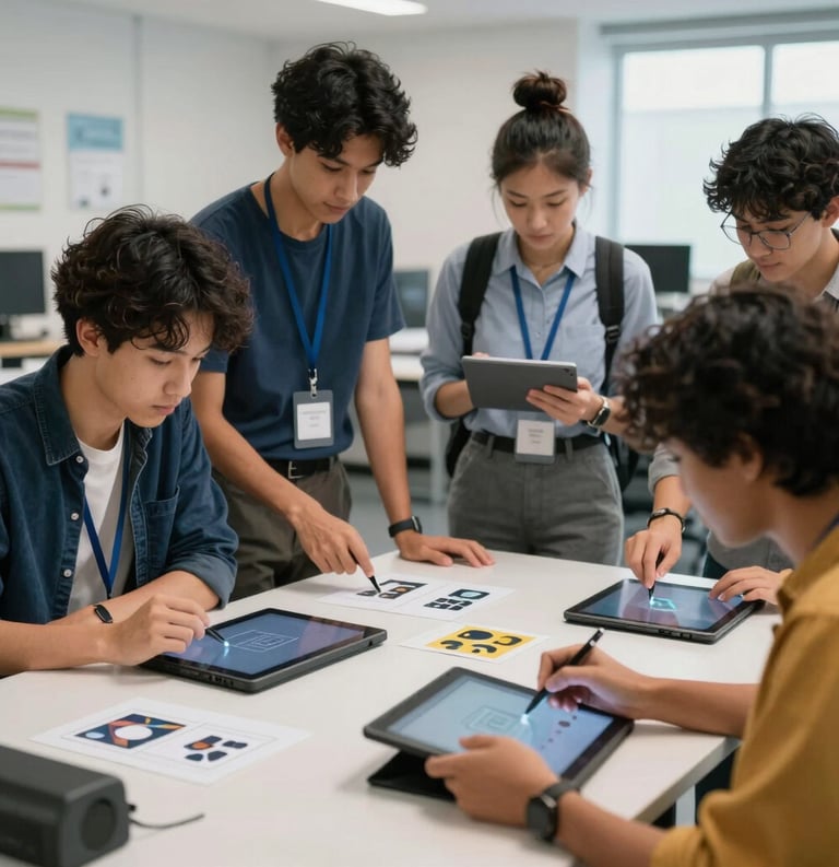 A candid photograph of diverse students in a high-tech learning environment in a North American setting, collaborating over digital tablets and prototypes. The atmosphere is trustworthy and professional.
