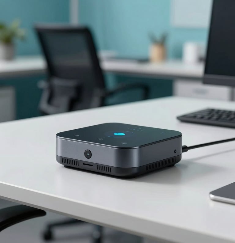 A close-up photograph of a sophisticated smart sensing device on a clean modern desk in a North American office. The lighting is bright and professional, featuring accents of teal and dark blue in the background workspace.