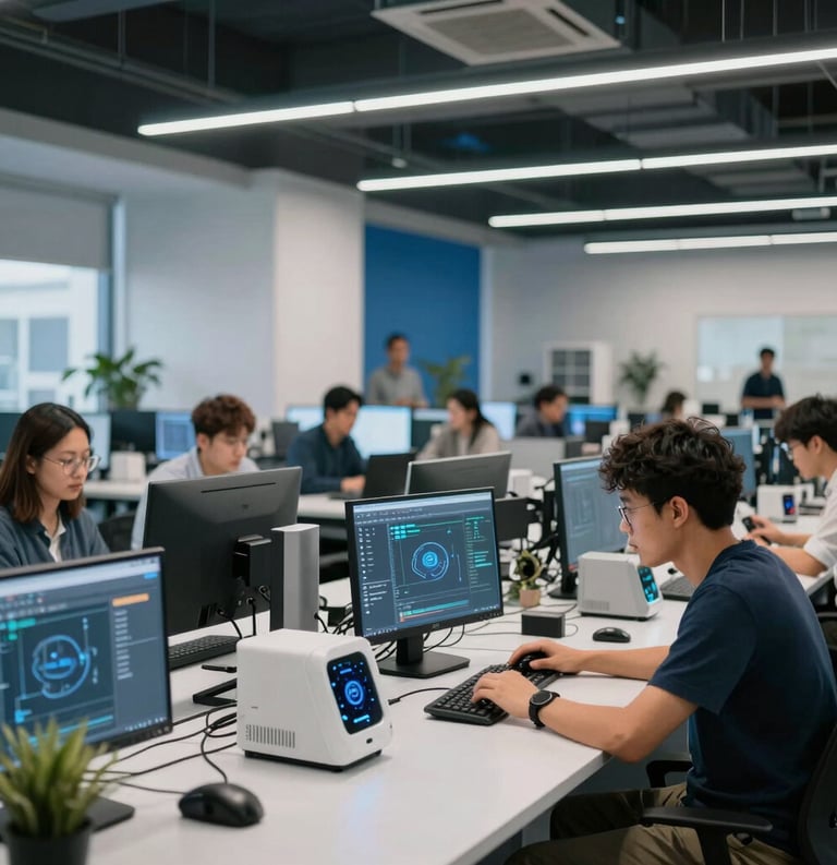 A collaborative workspace in North American / Global tech hub where engineers and researchers are testing IoT devices. Modern design, clean lines, blue and grey color palette.