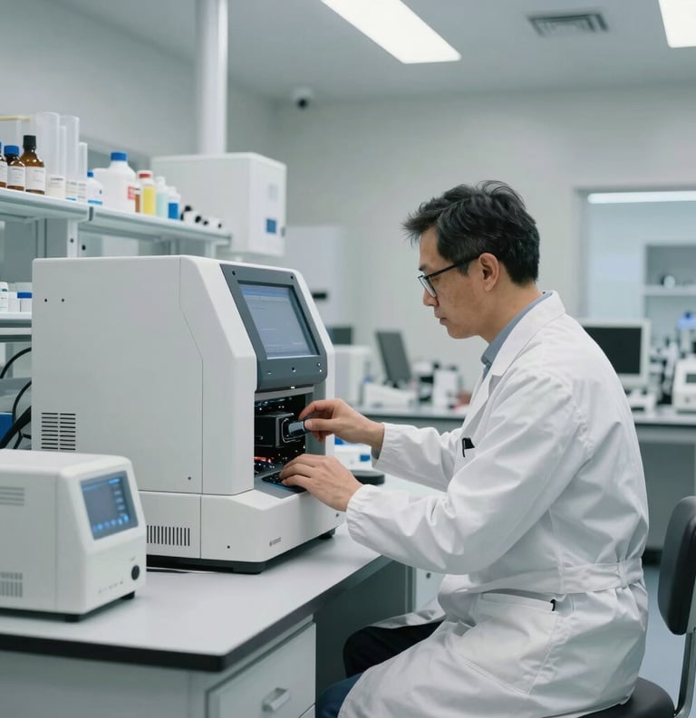 A professional wide shot of a modern laboratory in North America where a researcher is interacting with high-tech equipment. The aesthetic is clean and innovative, with a palette of off-white and soft grey.