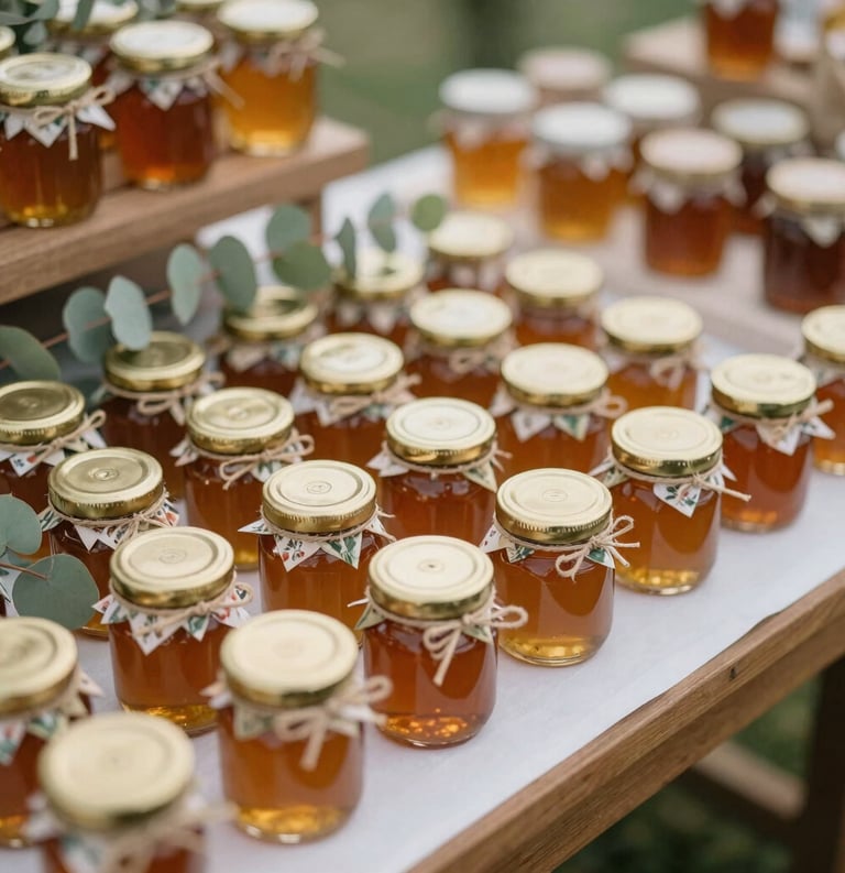 A warm lifestyle photograph in a North American / US outdoor celebration setting, showcasing a beautifully decorated favor table with small honey jars featuring golden lids and floral twine accents next to eucalyptus leaves.