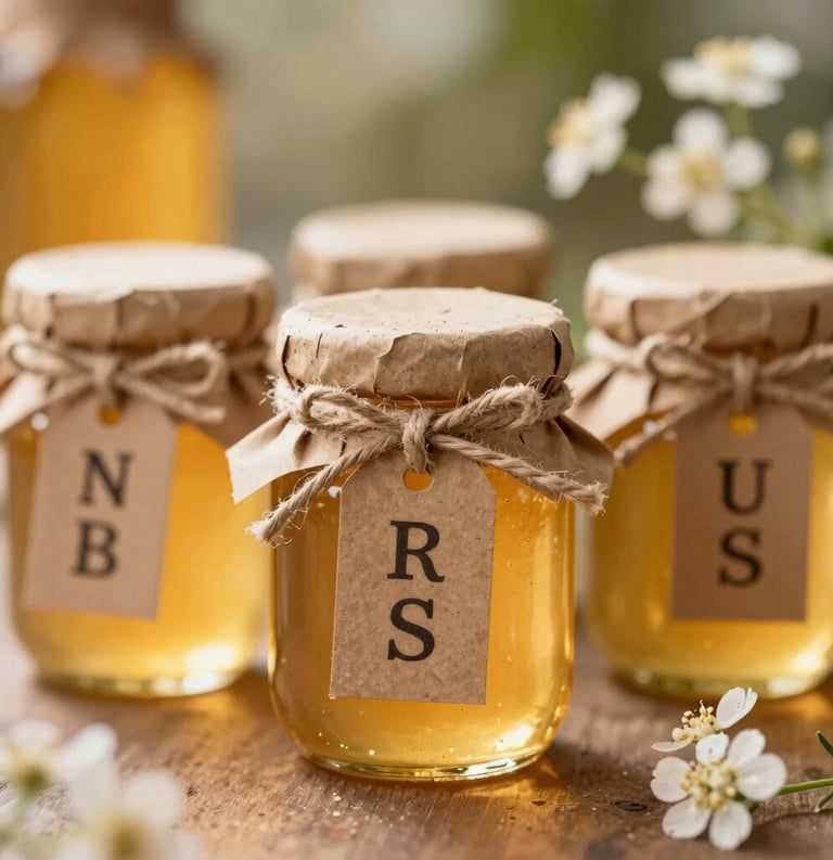 A close-up photograph set in North American / US, showing hand-finished miniature glass jars of golden raw honey with custom-printed kraft paper tags tied with twine, set against a warm botanical background with golden sunlight and delicate white wildflowers.