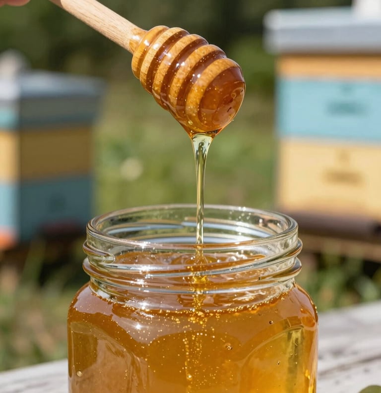A sun-drenched close-up shot in a North American / US apiary showing golden liquid honey dripping slowly from a wooden dipper into a crystal glass jar.