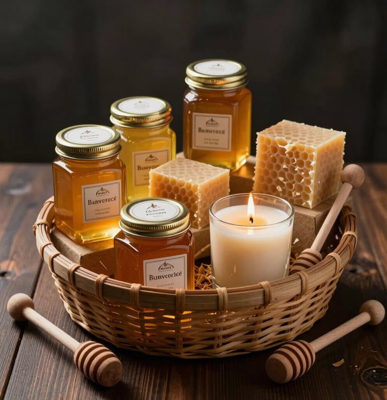 An elegant warm photography shot in North American / US, displaying curated corporate gift baskets filled with artisanal hexagonal jars of golden honey, natural beeswax candles, and wooden honey dippers resting on a dark wood tabletop.