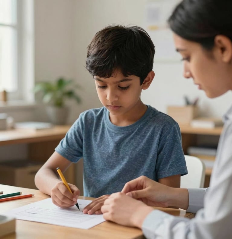 A focused South Asian child engaged in a skill development activity with a therapist in a sunlit room, high-quality photography, conveying a sense of progress and hope.