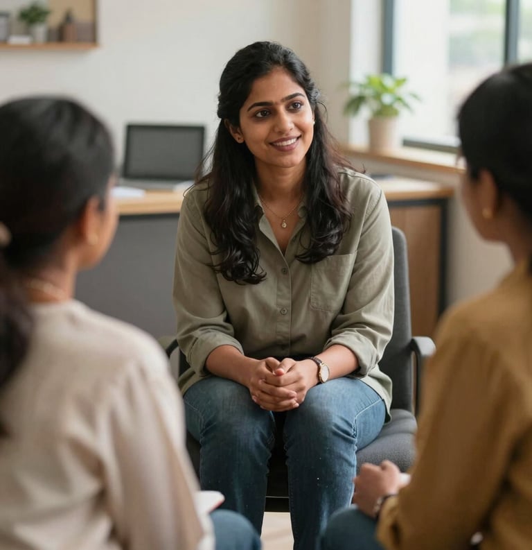 A professional South Asian female counselor talking warmly with a group of parents in a comfortable office setting in Hyderabad, natural lighting, trustworthy and supportive atmosphere.