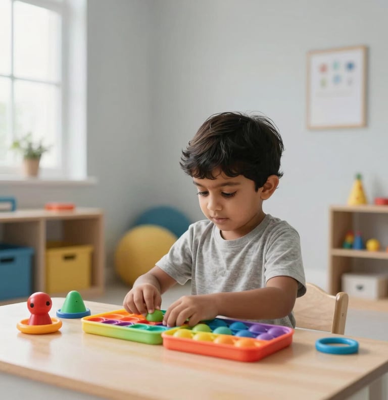 A South Asian child playing with colorful sensory integration tools in a bright, modern therapy room in Hyderabad, soft daylight, professional and warm environment with light gray walls.