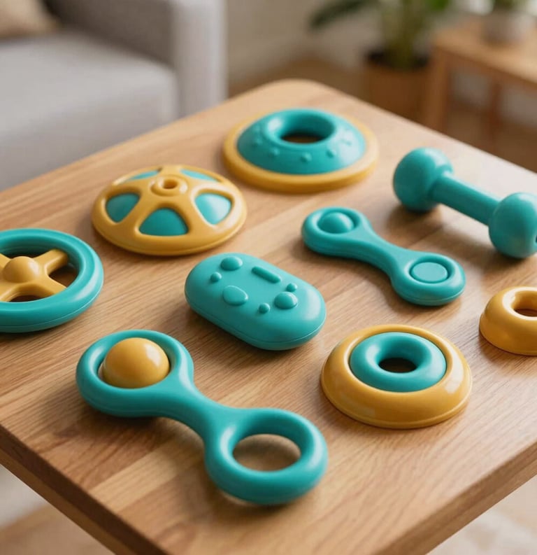 Close-up of therapeutic sensory integration tools and educational toys arranged neatly on a wooden table in a South Asian setting. The lighting is bright and cheerful, using the brand colors of teal and mustard gold to convey hope and development.