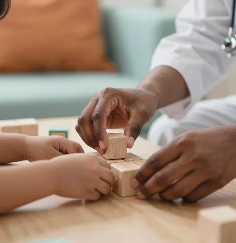A close-up of a South Asian therapist's hands gently guiding a child's hands over a set of educational blocks, warm indoor lighting, soft focus background with muted orange and light teal accents.