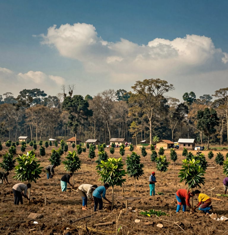 A breathtaking landscape shot in rural South Asia showing a thriving community forest. Local residents are tending to young trees in the foreground. The composition is balanced and elegant, with a focus on environmental sustainability. The color palette features deep blues, soft earth tones, and off-white skies, evoking a sense of impact and governance.