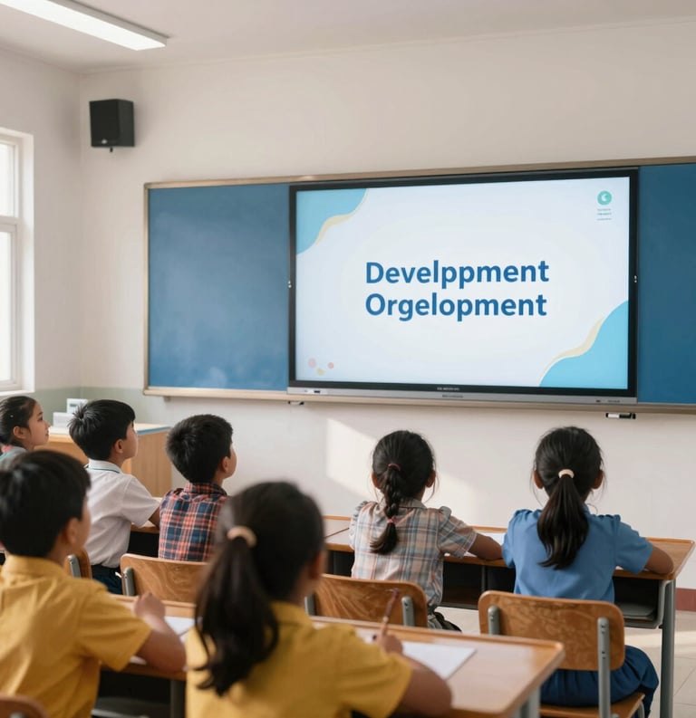 A bright, modern interior of a rural classroom in South Asia. A group of school-aged children are looking enthusiastically at a large screen during a digital lesson. The room is clean with white walls and medium blue accents. Soft, warm daylight illuminates the scene, highlighting the trust and modern development focus of the organization.