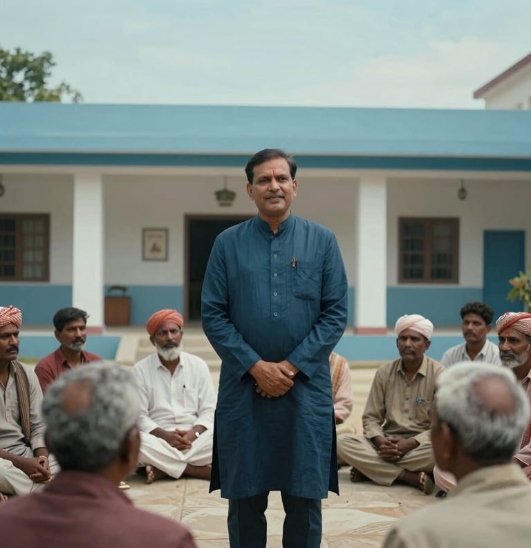 A portrait-style photograph of a community leader in South Asian traditional attire, addressing a group of attentive rural citizens in a courtyard. The architecture is clean and modern yet culturally rooted. The lighting is cinematic, emphasizing trust and strong leadership. Colors include deep blues and light sky blue.