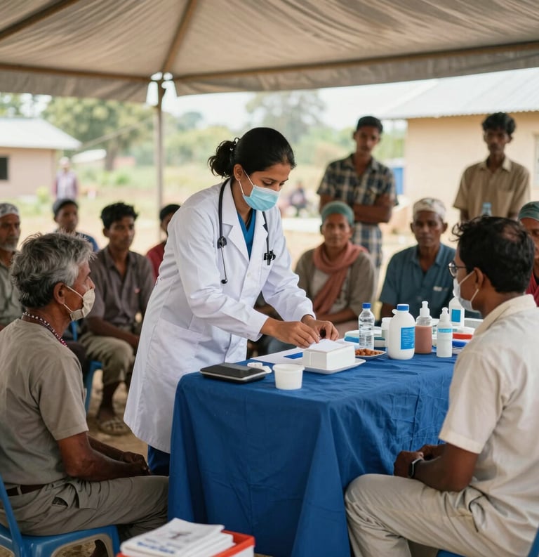 A high-end professional photograph of a medical camp in a rural South Asian setting. A healthcare worker in a white uniform is attending to a group of local residents under a clean, organized shelter. The lighting is bright and natural, conveying a sense of hope and progress. Accents of deep blue and off-white are visible in the medical supplies and attire.
