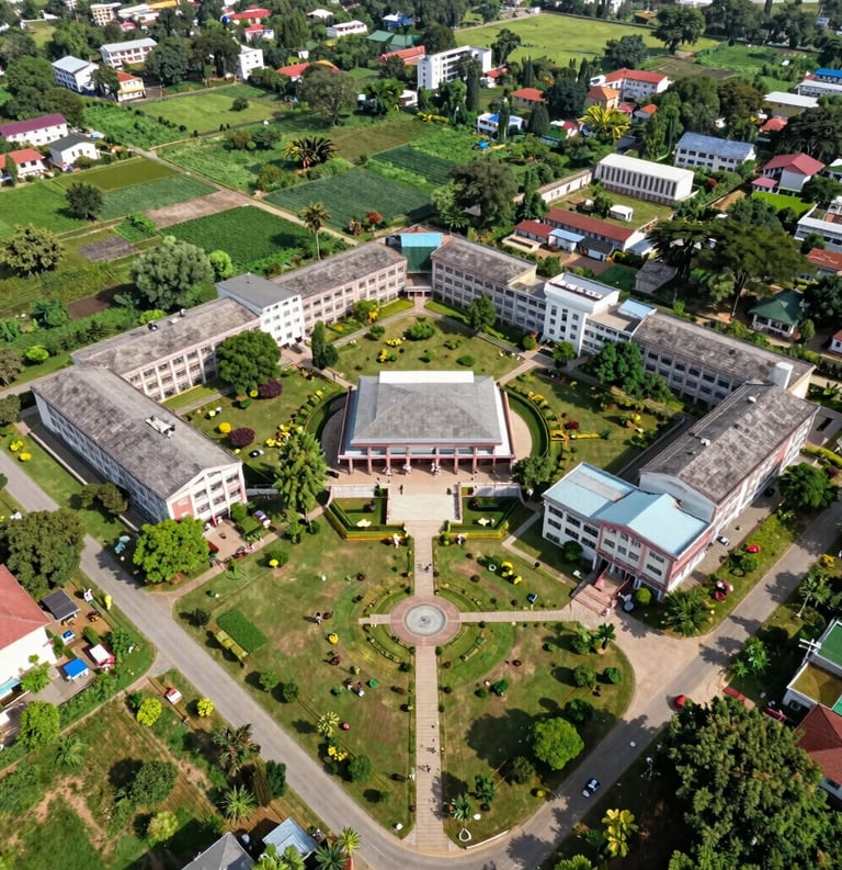 An aerial drone photograph of a beautifully landscaped rural educational complex in Chhotaudepur. The campus is green and organized, symbolizing impactful planning and development.