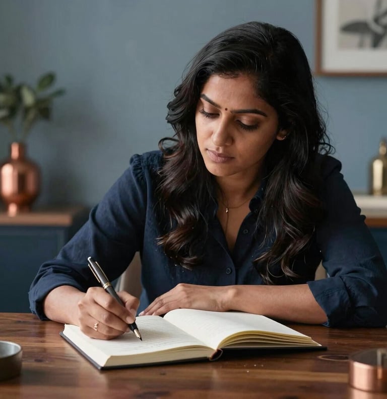 A sophisticated South Asian woman writer sitting at a dark wood desk, writing in a journal with a fountain pen, soft natural morning light, surrounded by muted blue and copper colored decor.