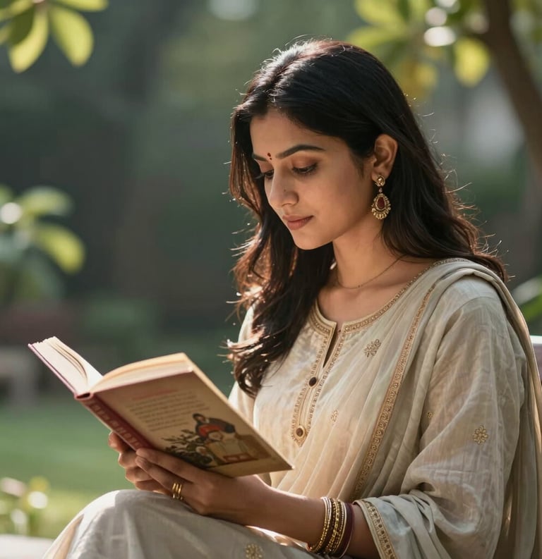 A candid shot of a woman in modern South Asian attire reading a book in a sunlit garden, peaceful and intellectual mood.