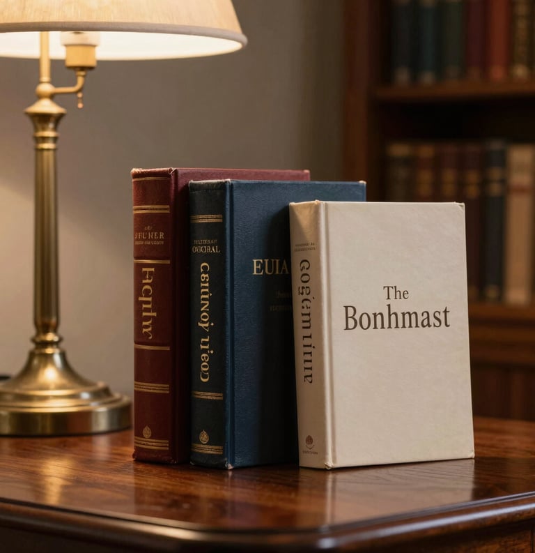 A collection of three hardcover books with elegant typography on a mahogany table, a brass lamp illuminating the scene in a South Asian home library, sophisticated and warm mood.
