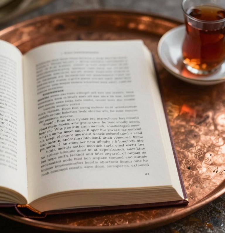 A close-up shot of an open book with a decorative bookmark, resting on a copper tray with a cup of traditional tea, warm lighting, South Asian indoor setting.