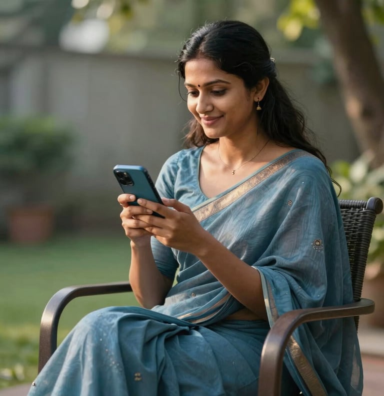 A South Asian woman sitting in a garden chair, holding a mobile phone and smiling while looking at a social media feed, dressed in a muted blue saree, soft afternoon sun.