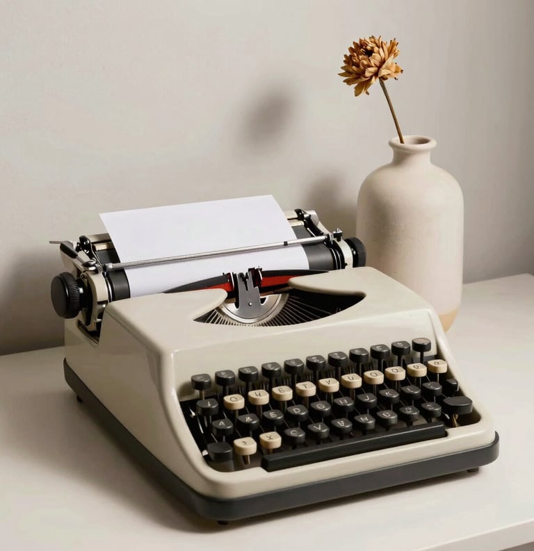 Still life of an old typewriter and a simple ceramic vase with a single dried flower, off-white and charcoal tones, elegant shadows, South American / Spanish home office setting, editorial style.