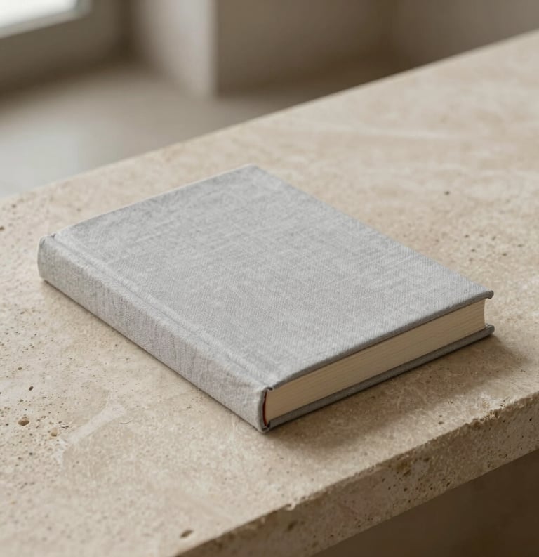 Minimalist photography of a single book bound in light grey linen resting on a sand-colored stone surface, soft natural light, South American / Spanish study interior, clean and artistic composition.