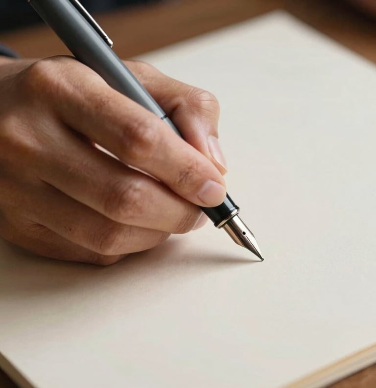 Close up of an author's hand writing with a charcoal grey fountain pen on high-quality cream paper, soft focus, professional and artistic mood, South American / Spanish context, elegant lighting.