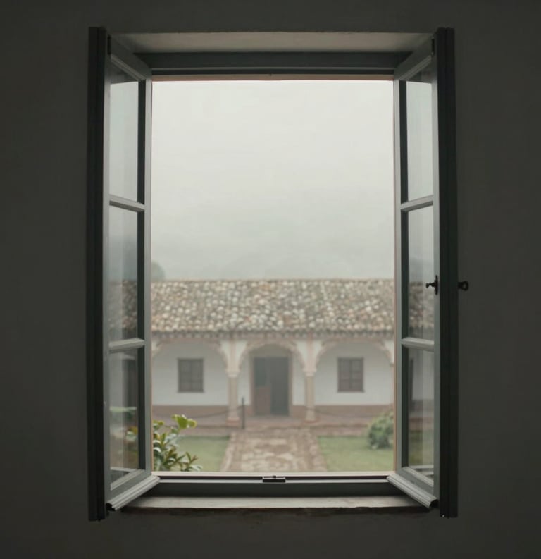 Artistic photography of an open window overlooking a misty South American / Spanish courtyard, neutral grey and off-white palette, minimalist composition, reflecting a mood of quiet inspiration.