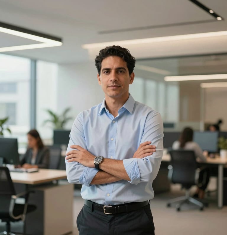 A South American entrepreneur standing confidently in a modern light-filled workspace, high-end commercial architecture, conveying security and success in legal advisory.