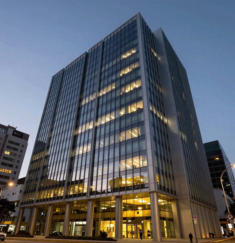 Exterior shot of a modern financial district building at dusk in a South American city, with interior lights glowing softly, conveying professional reliability.