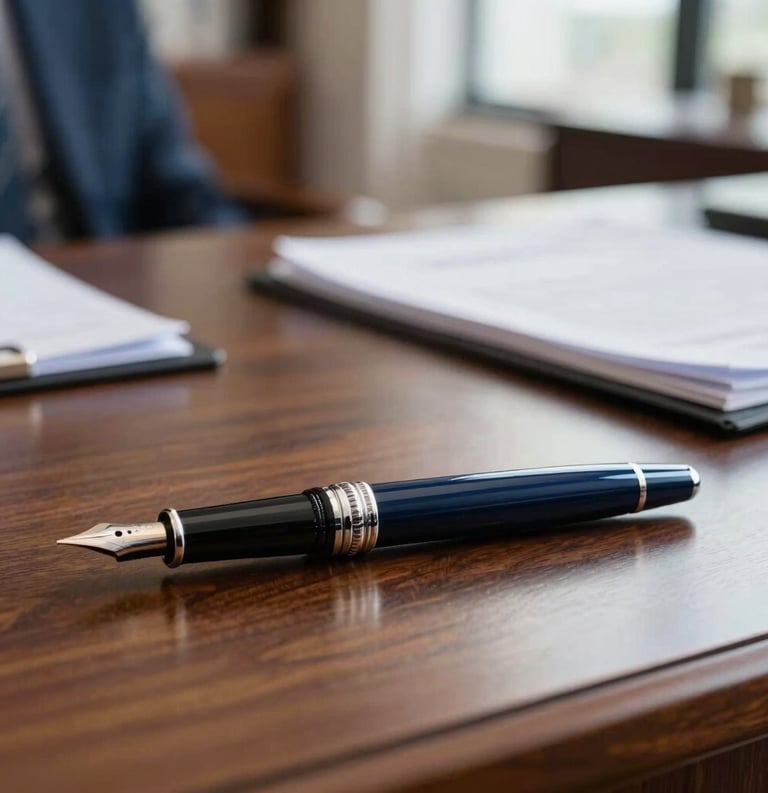 Close up of a luxury fountain pen on a mahogany desk in a South American law firm office, soft natural light, professional and sophisticated atmosphere with deep navy and muted blue accents.