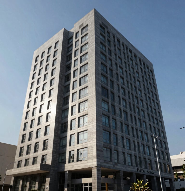 The sleek exterior of a modern administrative building in a South American business hub, blue sky background, representing authority and modern legal expertise.