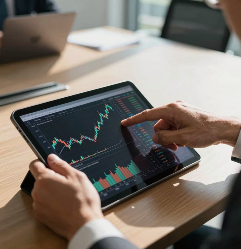 A close-up of a professional's hands pointing at a financial chart on a tablet screen in a sunlit Florida conference room, high contrast, North American / US.