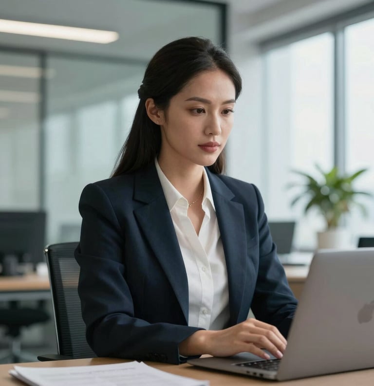 A professional female executive in business attire working in a modern, light-filled office in Florida, looking focused and confident, North American / US.