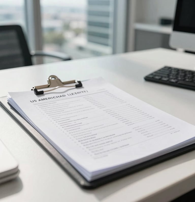 A sharp, high-resolution photo of a professional desk with a medical chart and financial documents in a bright, modern Florida office building, natural light, North American / US.