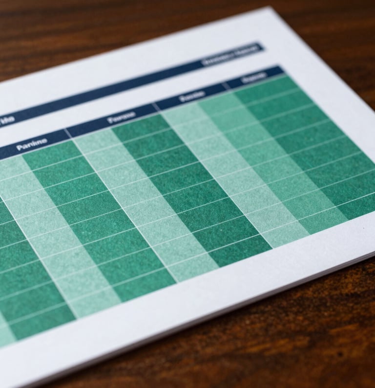 A close-up photograph of a modern financial report with emerald green and dark navy highlights on a mahogany surface. Professional, North American / US.