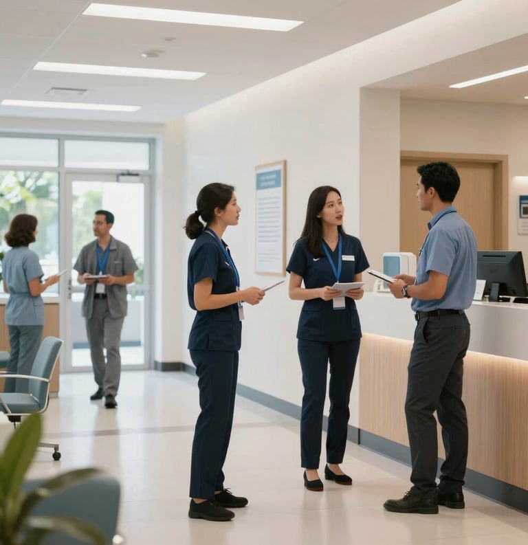 A clean, modern medical center administrative lobby in Florida with professional staff engaging in business conversation, bright and airy, North American / US.